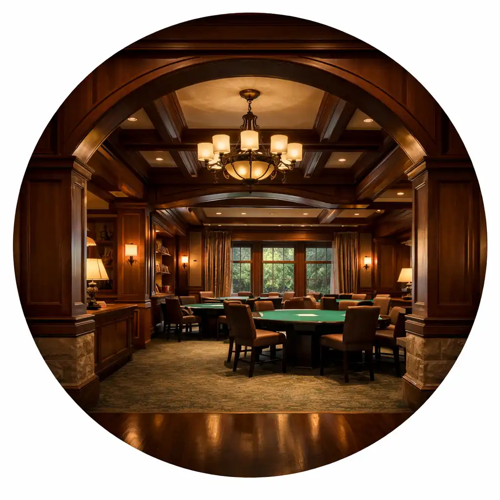 Interior architecture of the card lounge with warm wood accents and soft lighting