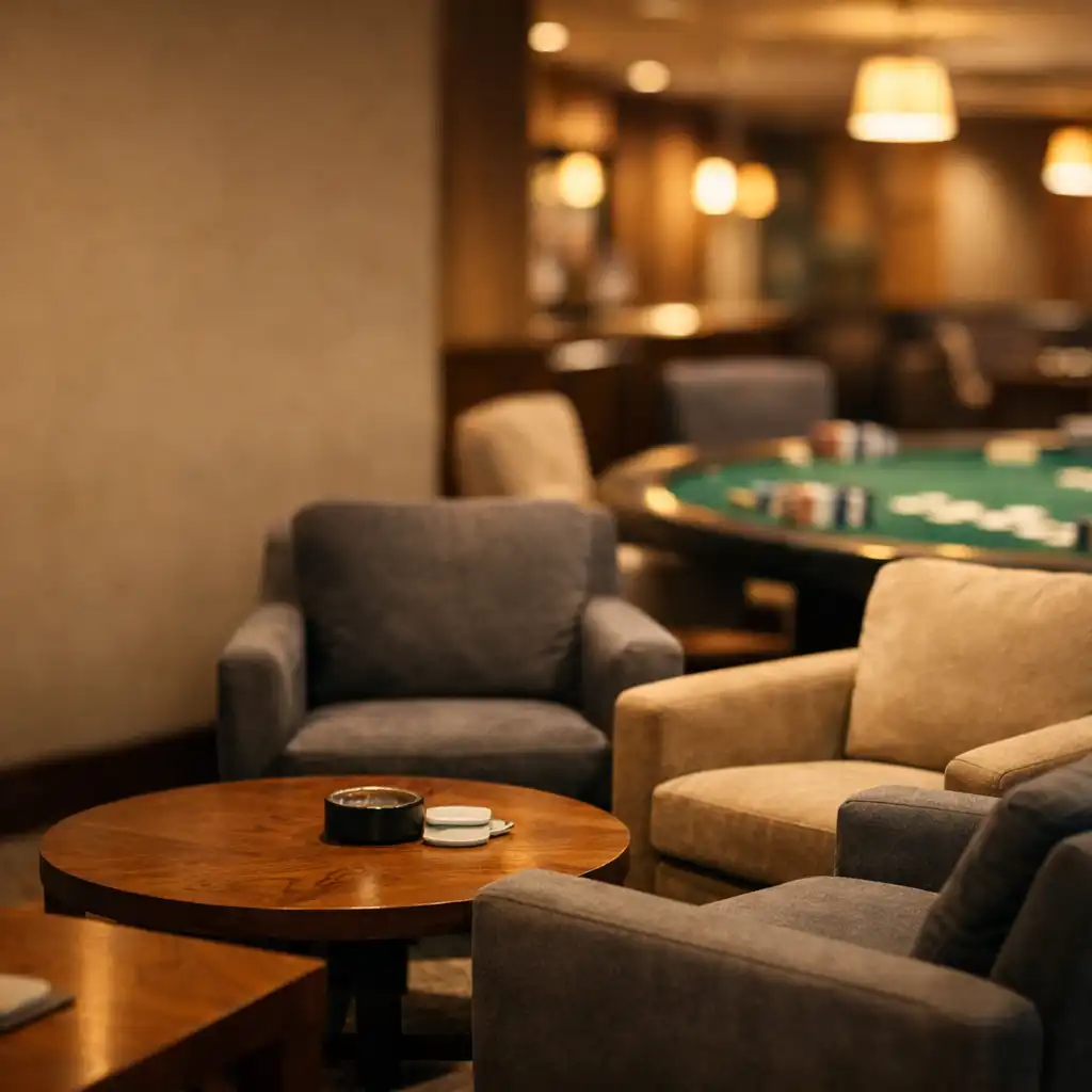 Warm card lounge seating near a green felt poker table at Card Mill Kalgoorlie