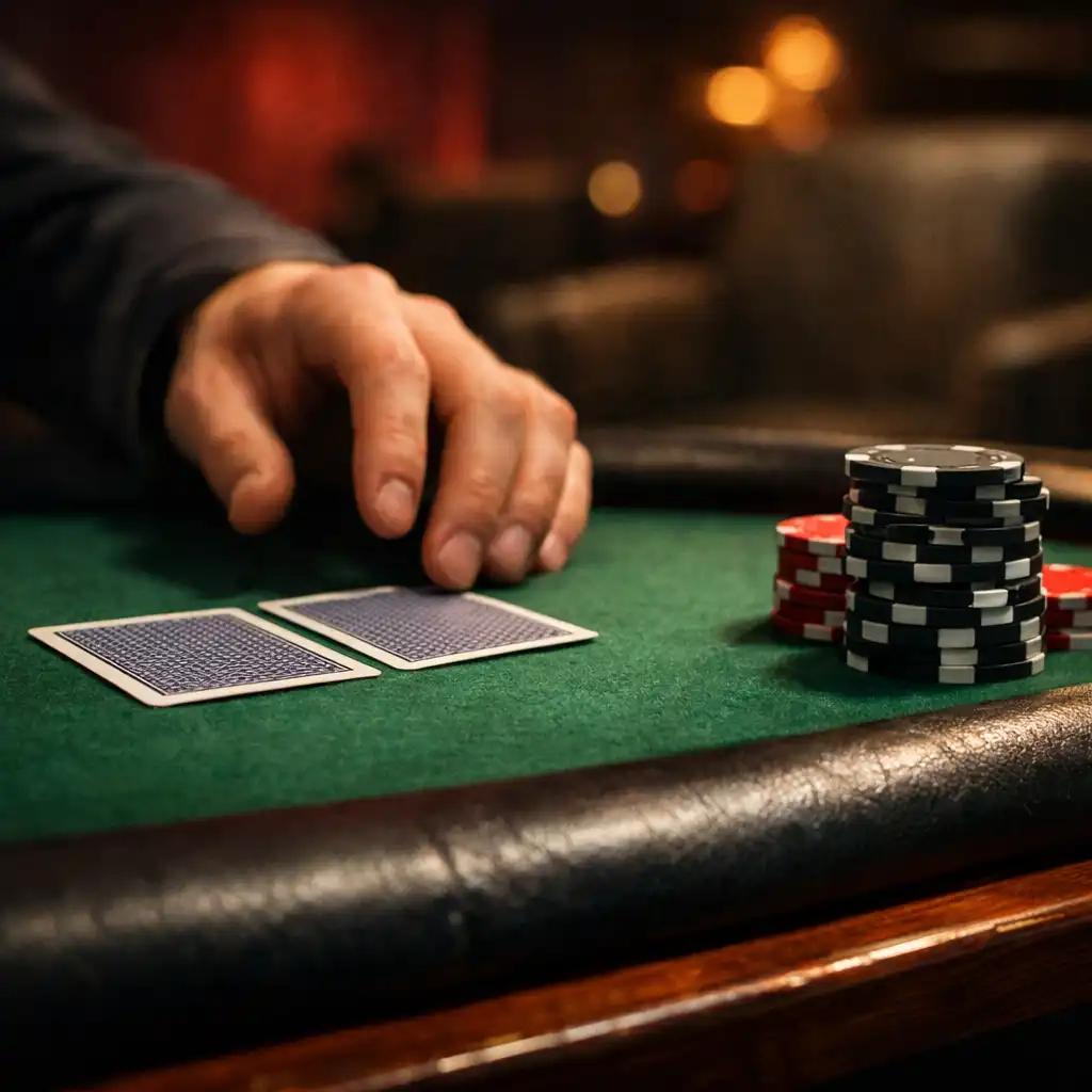 Close-up of a physical poker table edge with playing cards and chips in the card lounge