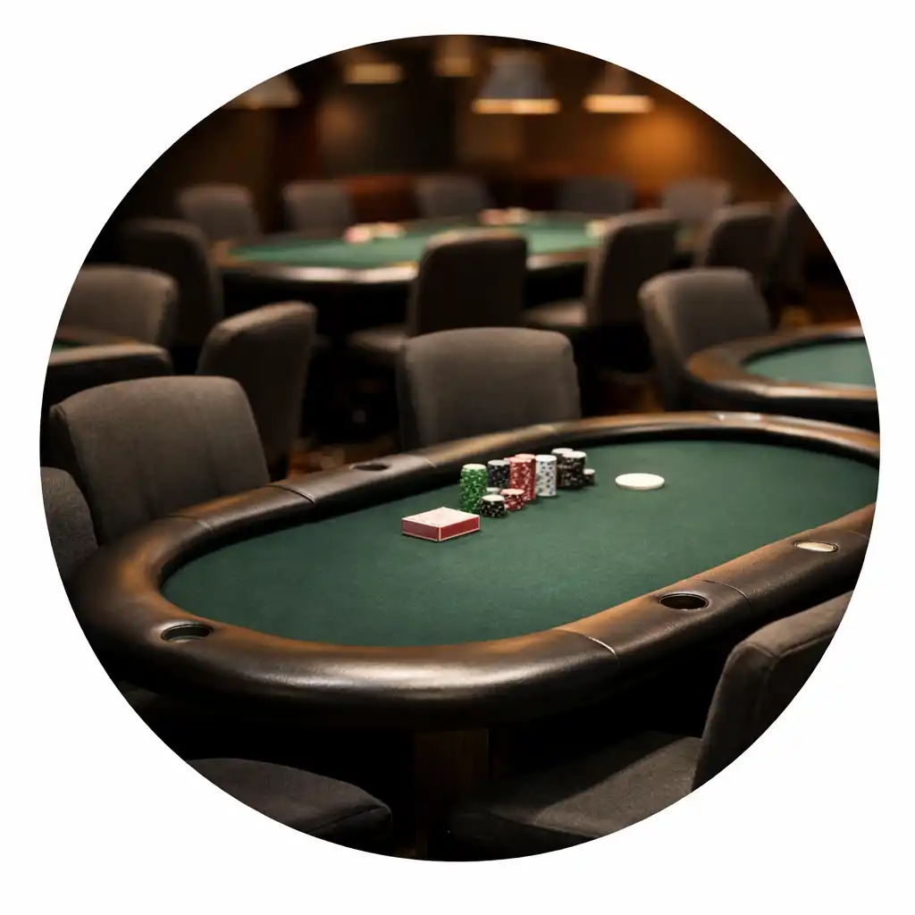 Poker tables and seating arranged in the card lounge