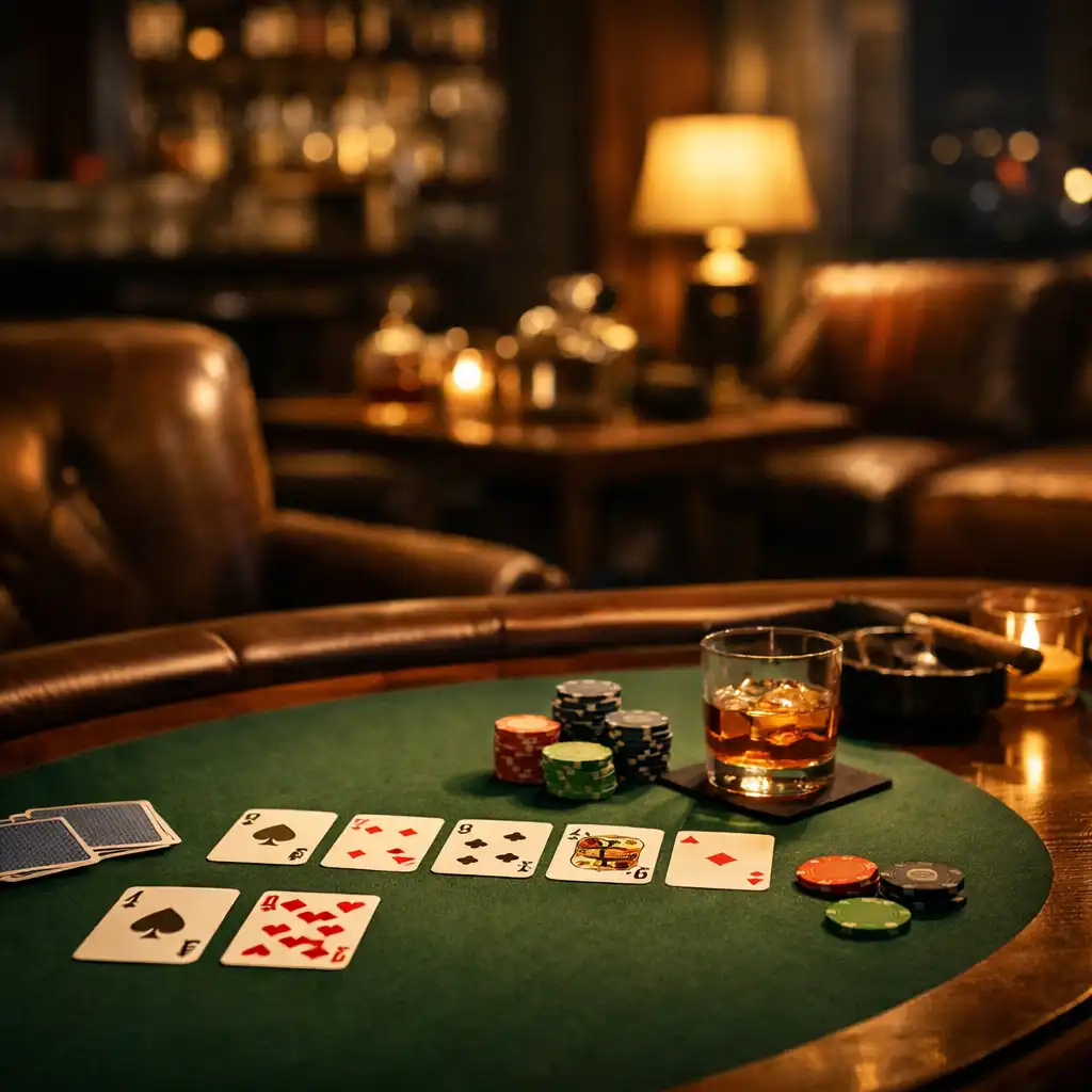 Close-up of a poker table with cards and chips in a card lounge
