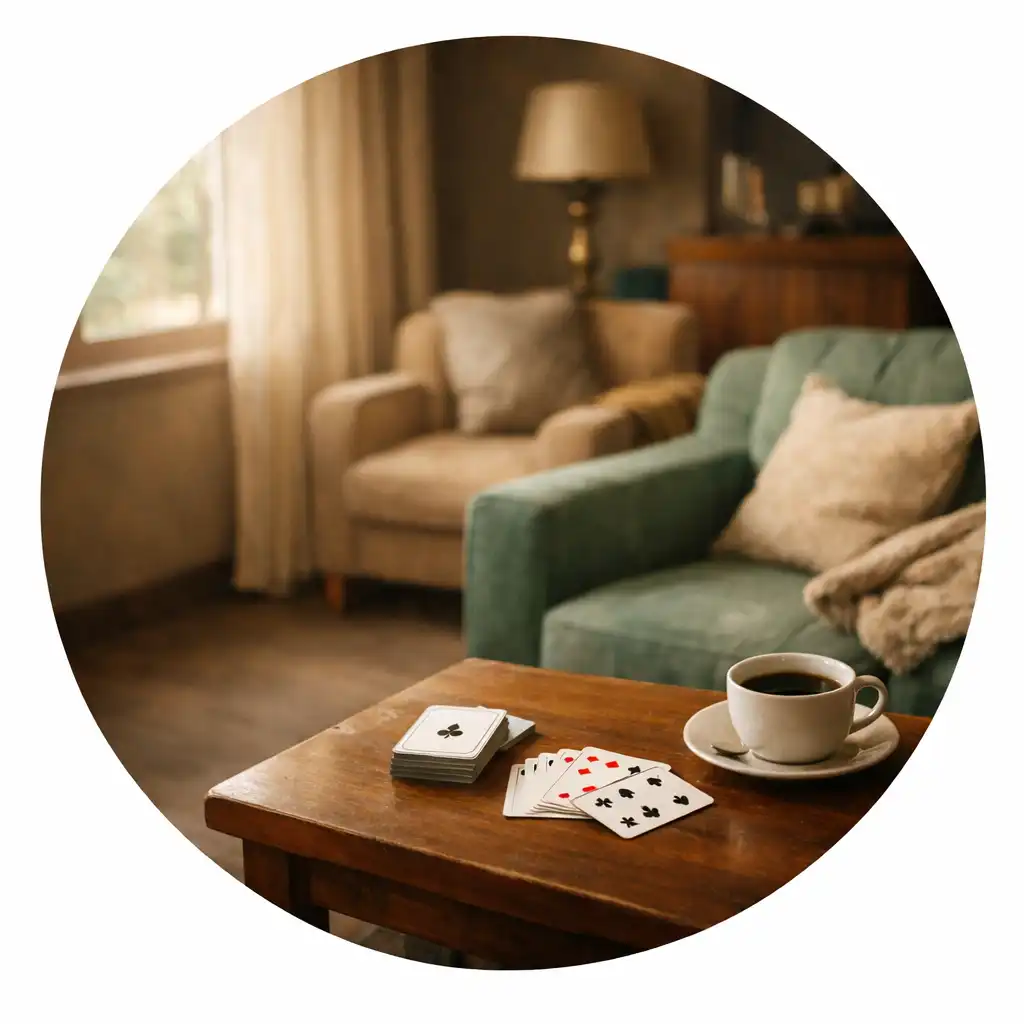Cozy card lounge with comfortable seating, a small table with a deck of cards and a cup of coffee