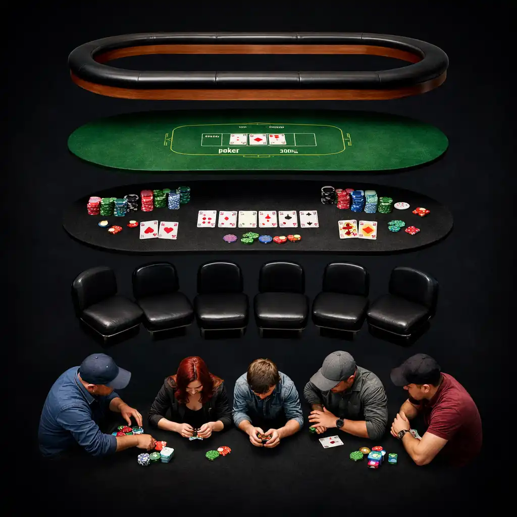 Top-down view of a physical poker table with components visually separated into layers