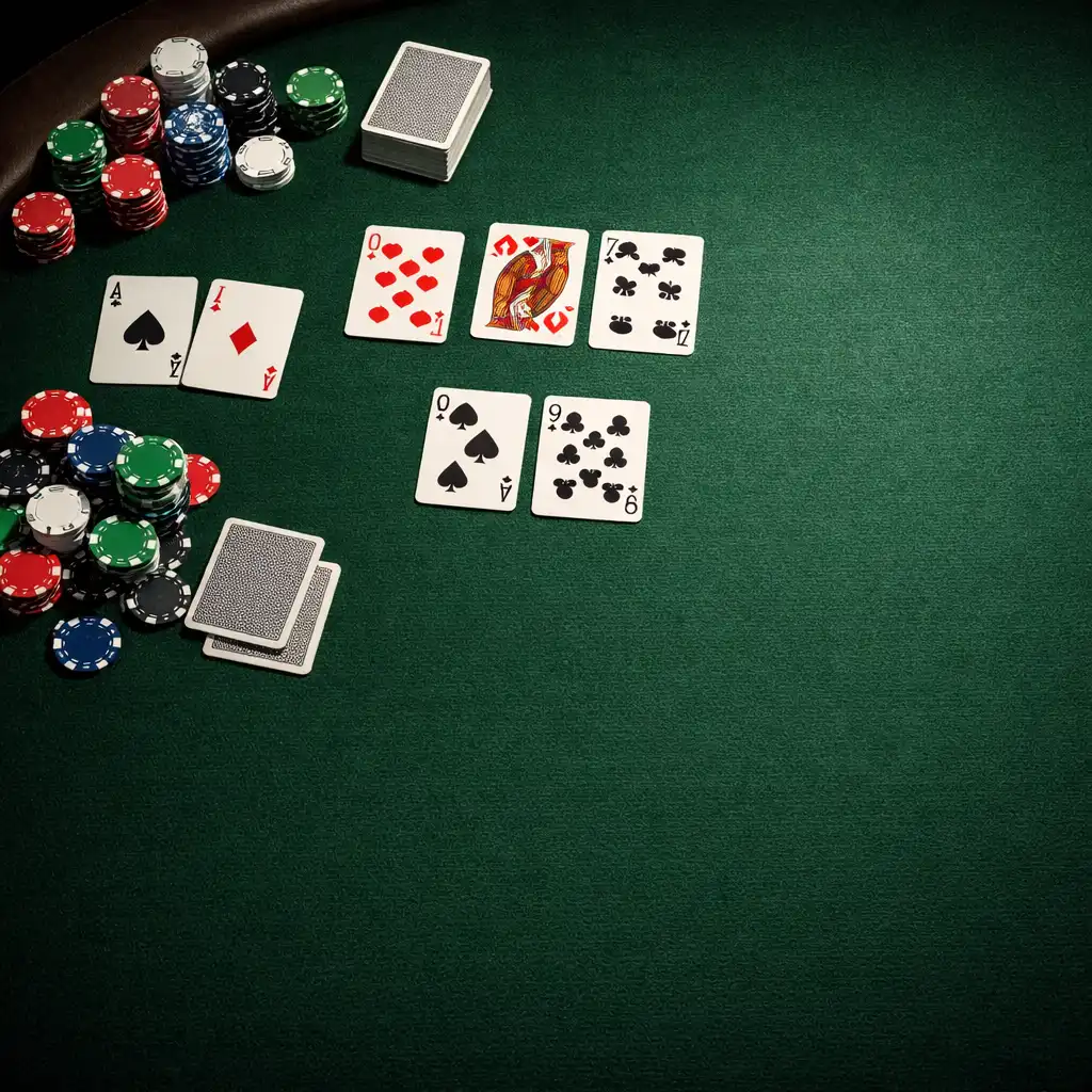 Enormous poker table from above, cropped to half viewport with dark green felt