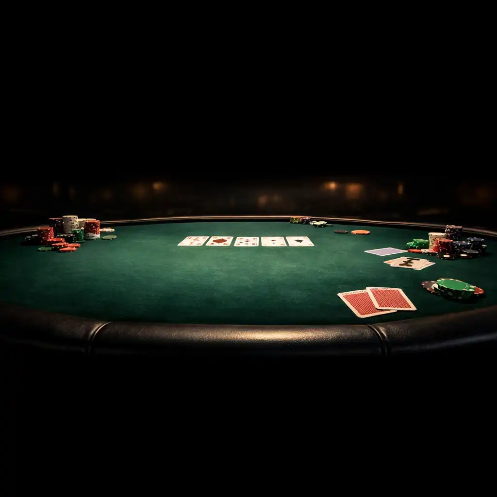 Wide-angle photograph of a physical poker table stretching horizontally beyond the frame