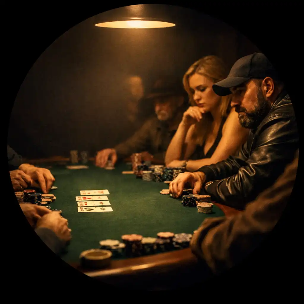 Adult poker players seated around a physical poker table in a dimly lit card room