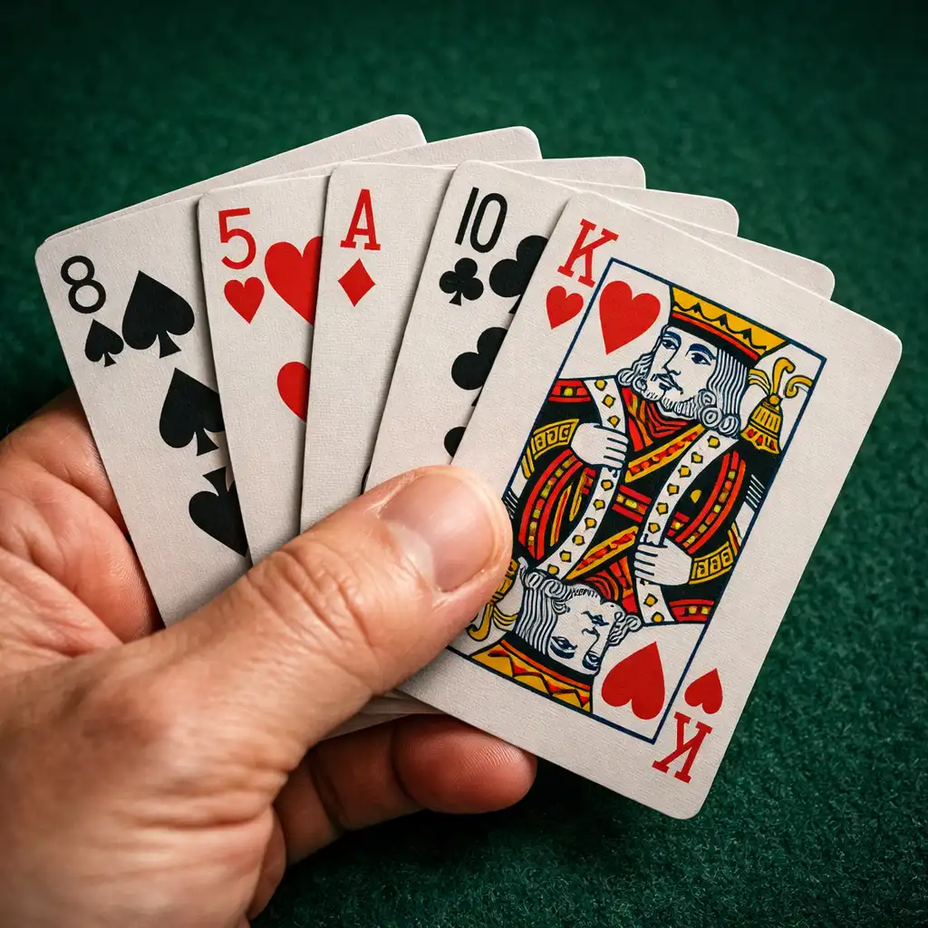 Close-up of a hand holding a fan of physical playing cards over dark green felt
