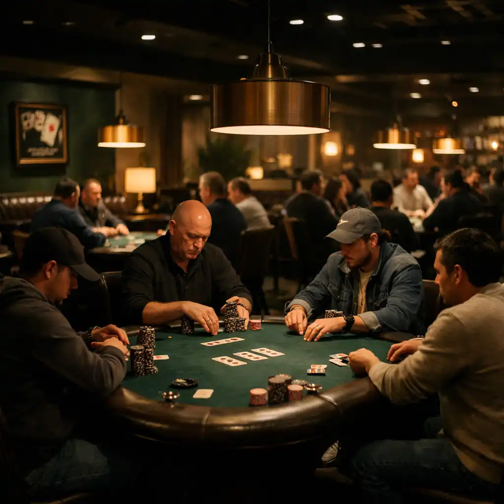 Wide view of the Card Mill Kalgoorlie poker room during an evening with players at physical poker tables