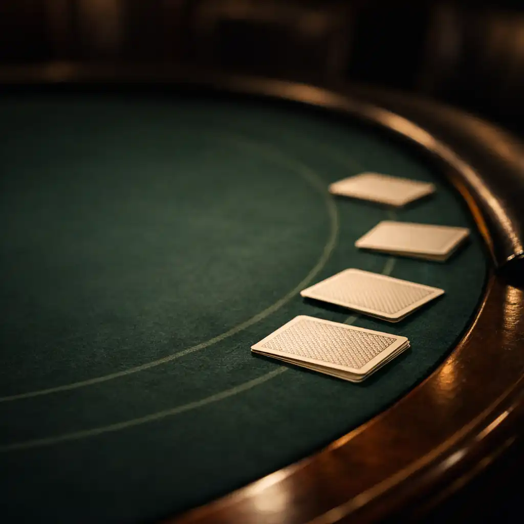 Close-up of a physical poker table with dark green felt and playing cards, inside the Card Mill Kalgoorlie poker room