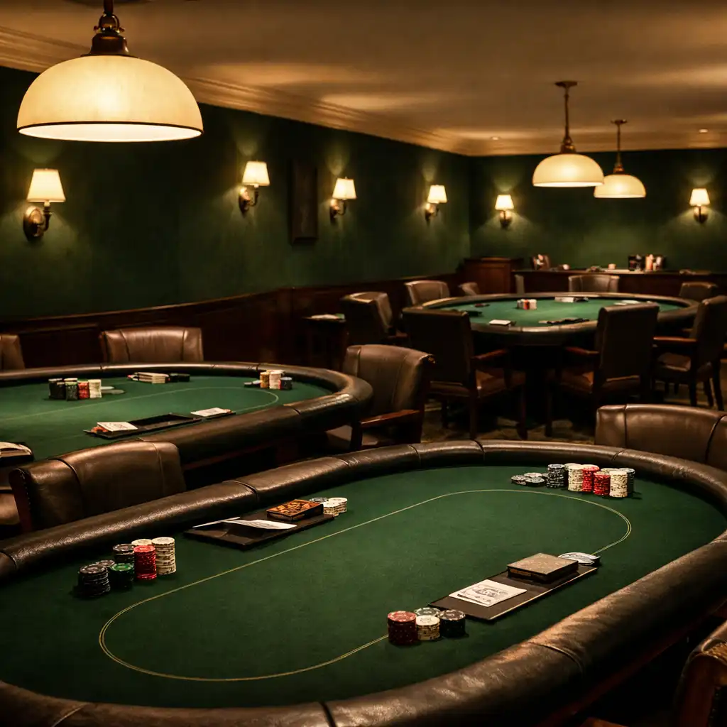 Wide-angle view of a dedicated poker room with several empty poker tables and warm pendant lighting