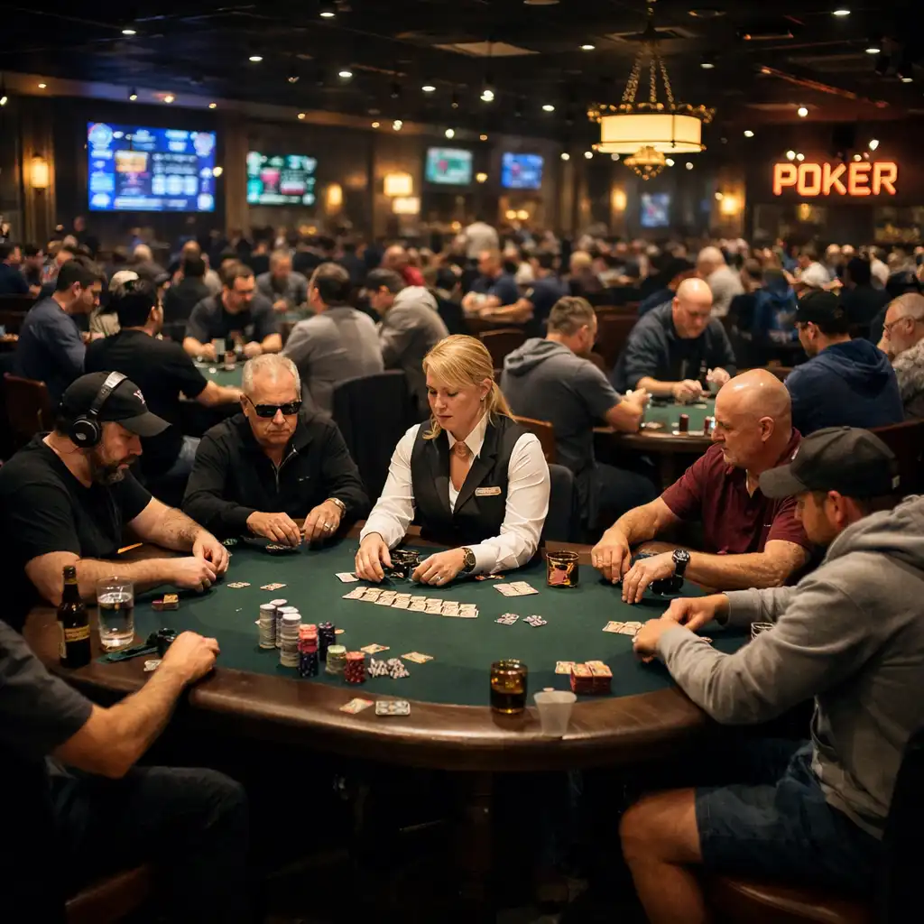 Poker room with players seated at tables during an offline poker game
