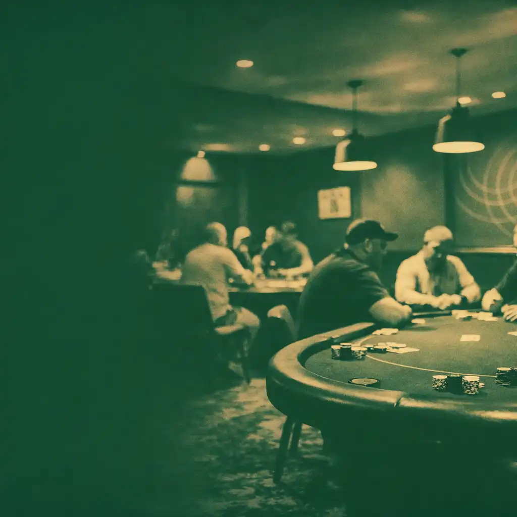 Wide photograph of the entire physical poker room with multiple poker tables and chairs