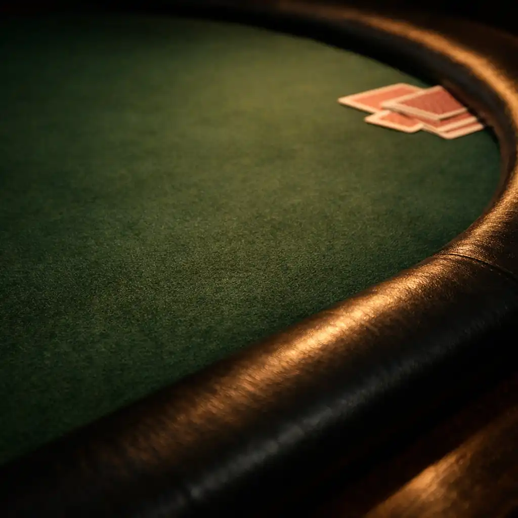 Close-up of a physical poker table showing dark green felt and padded rail