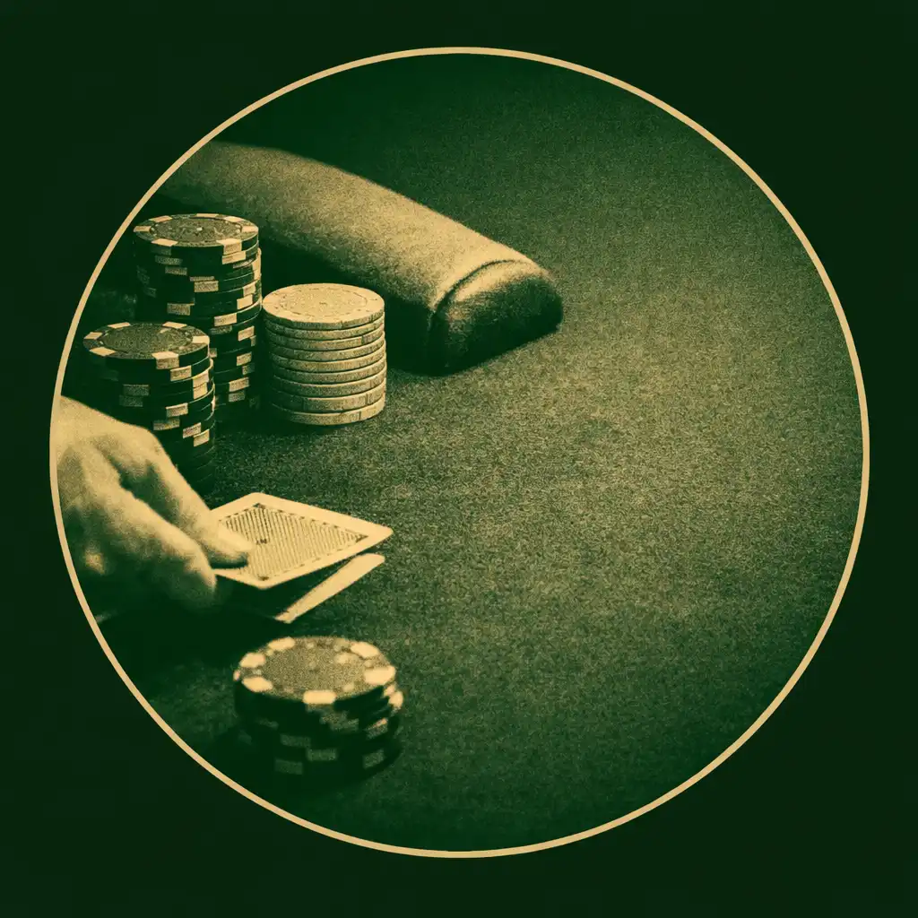 Detail of a poker table edge showing wooden rail, green felt, chips, and a playing card