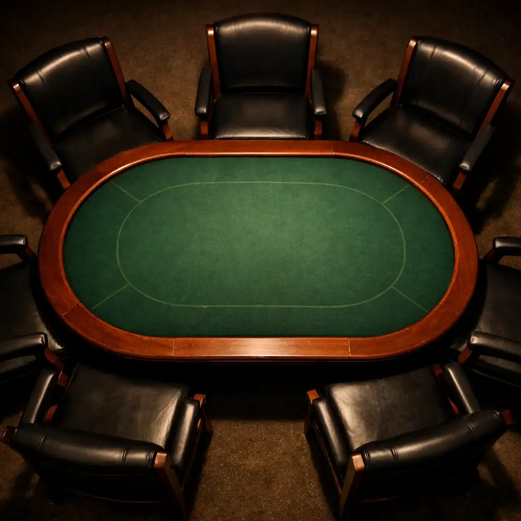 Top-down view of empty chairs arranged around a poker table
