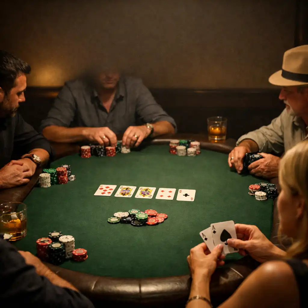 A group of adult players seated around a physical poker table in a private room, engaged in face-to-face poker