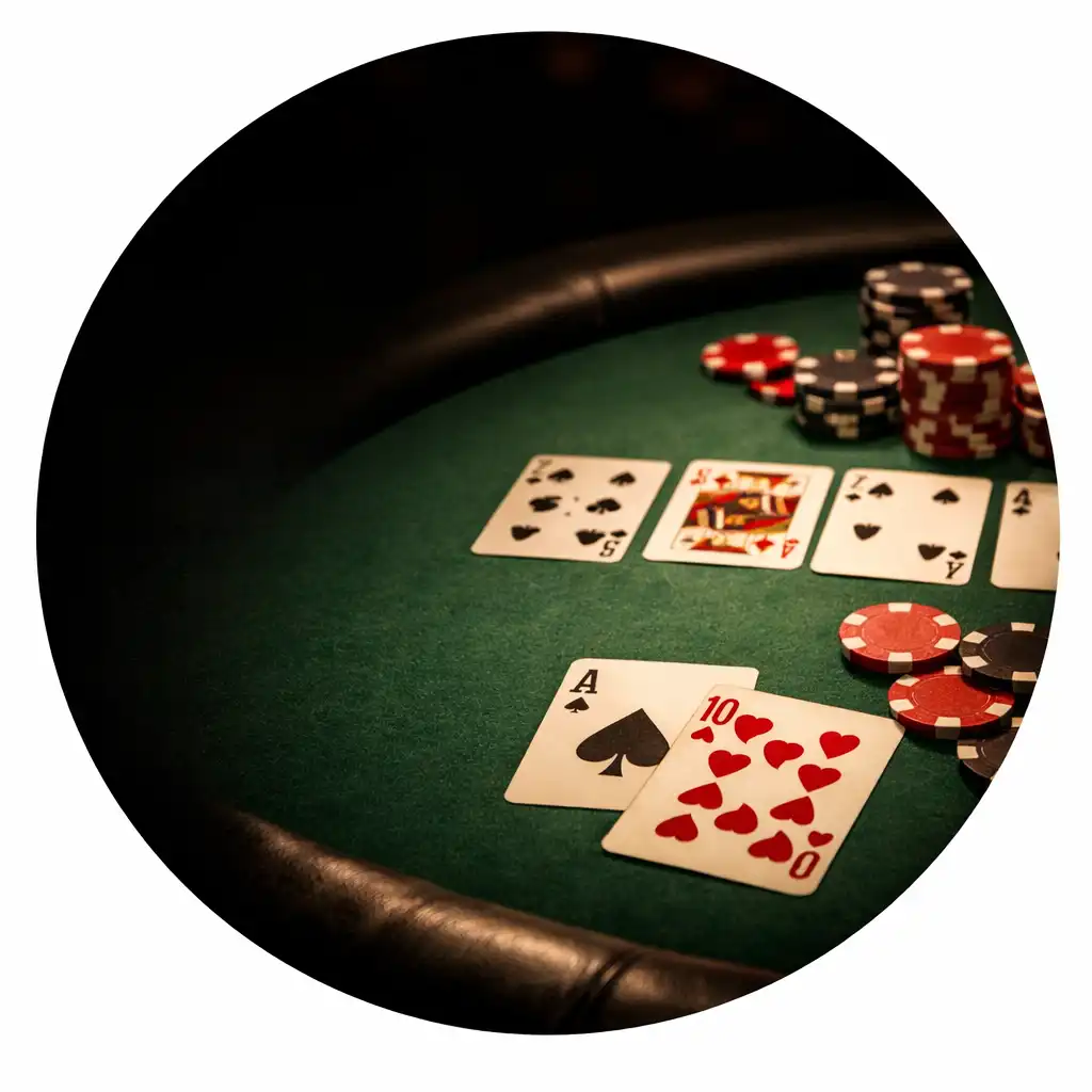 A close-up view of a physical poker table with scattered cards and chips under warm, low lighting