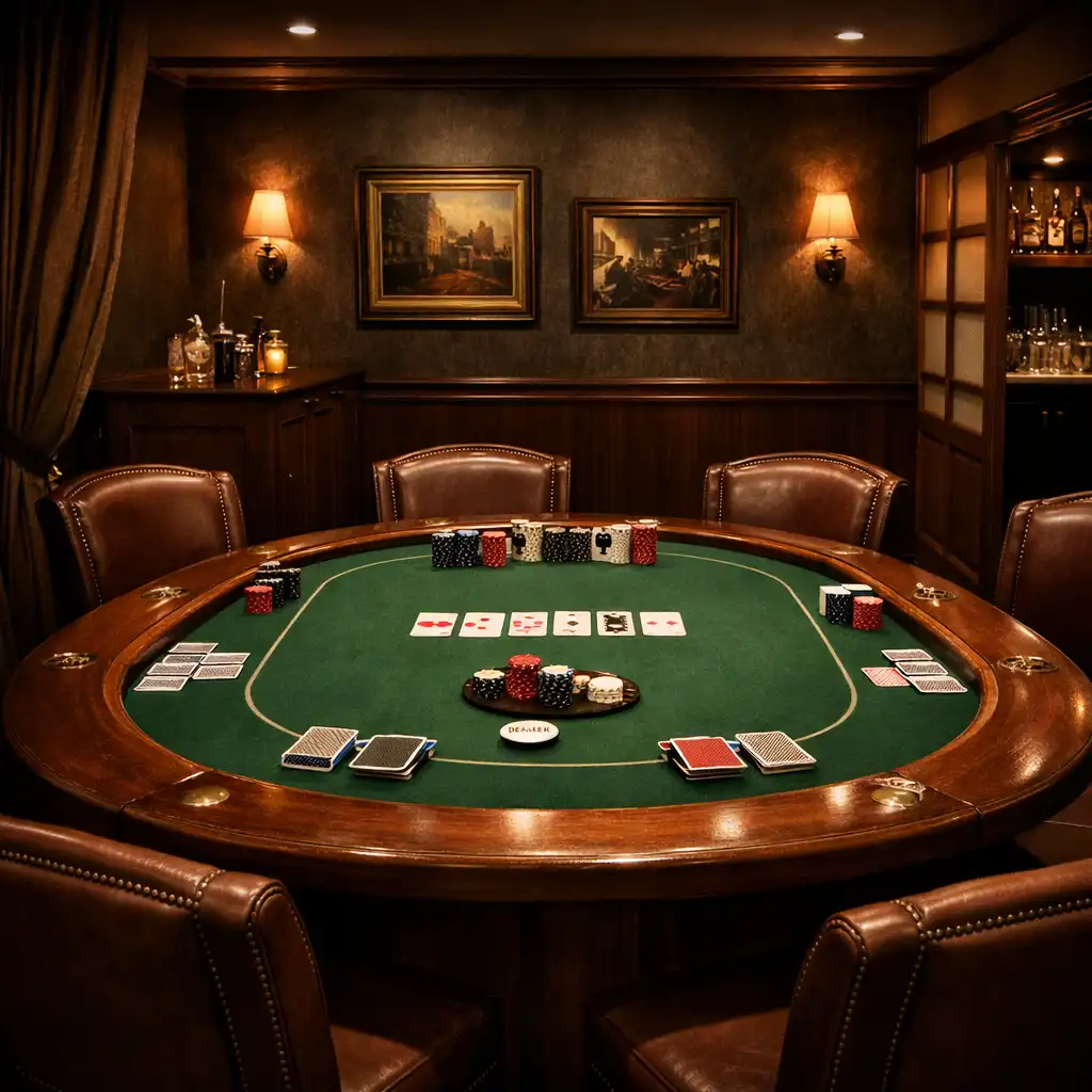 Intimate private poker room with a single poker table and chairs