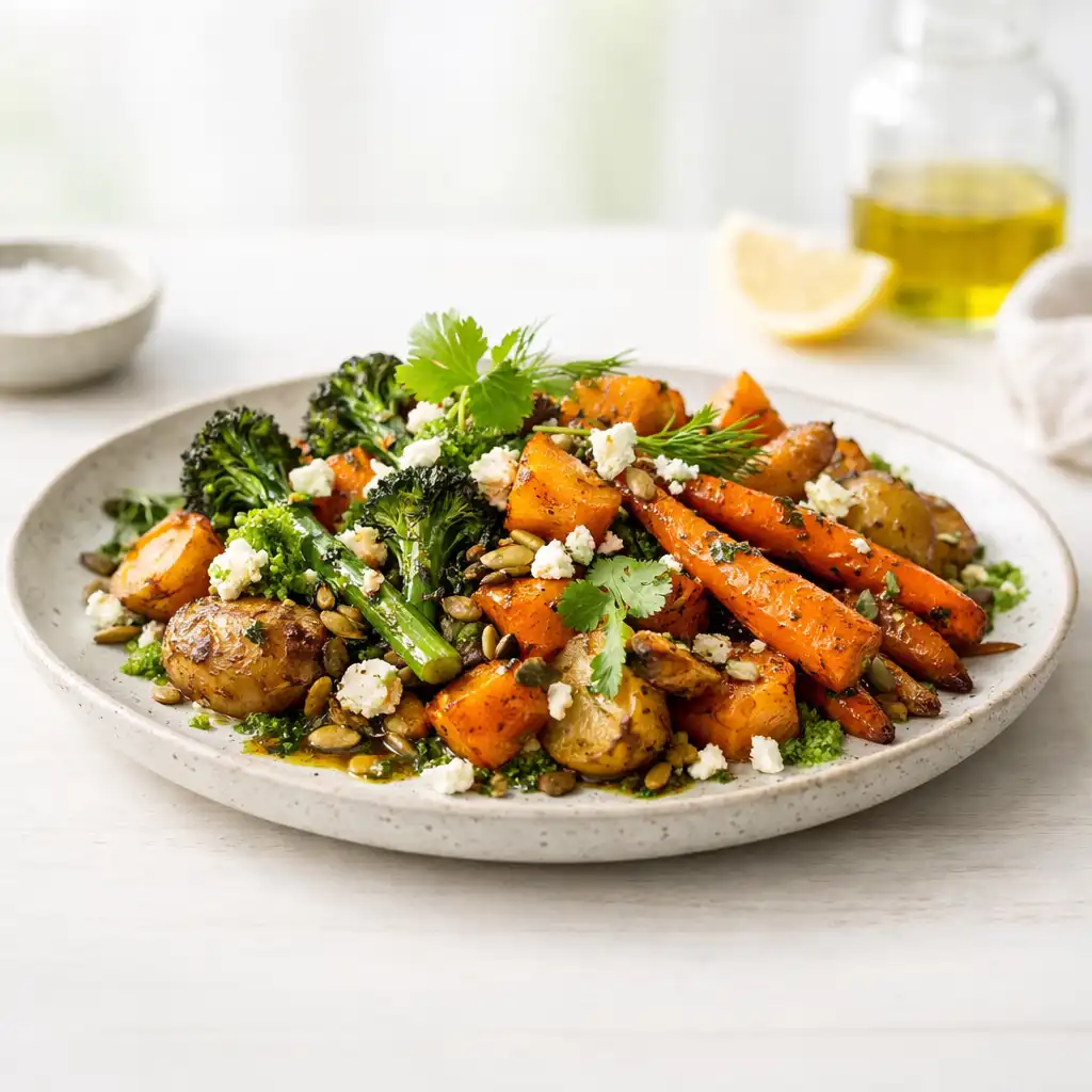 Contemporary Australian-style dish with roasted vegetables and herbs on a ceramic plate