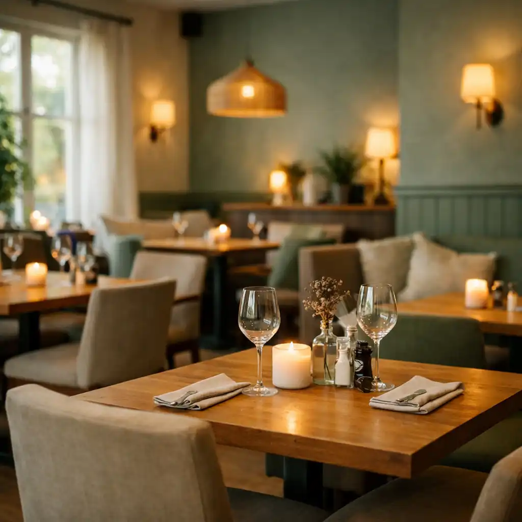 Quiet restaurant interior with eucalyptus green and ivory tones, wooden tables, and soft lighting